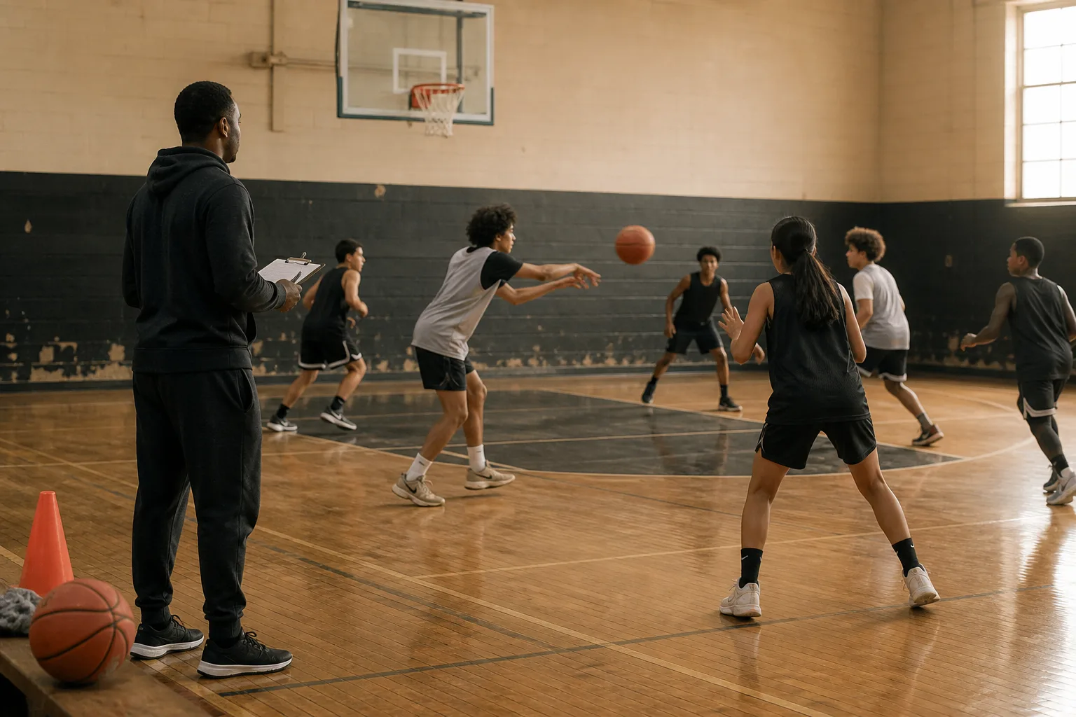 A community basketball coach guiding young athletes during practice