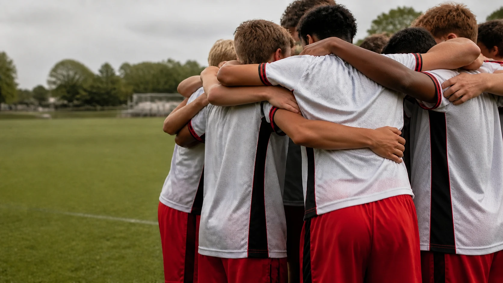 Youth soccer players linked shoulder-to-shoulder in a pre-match huddle