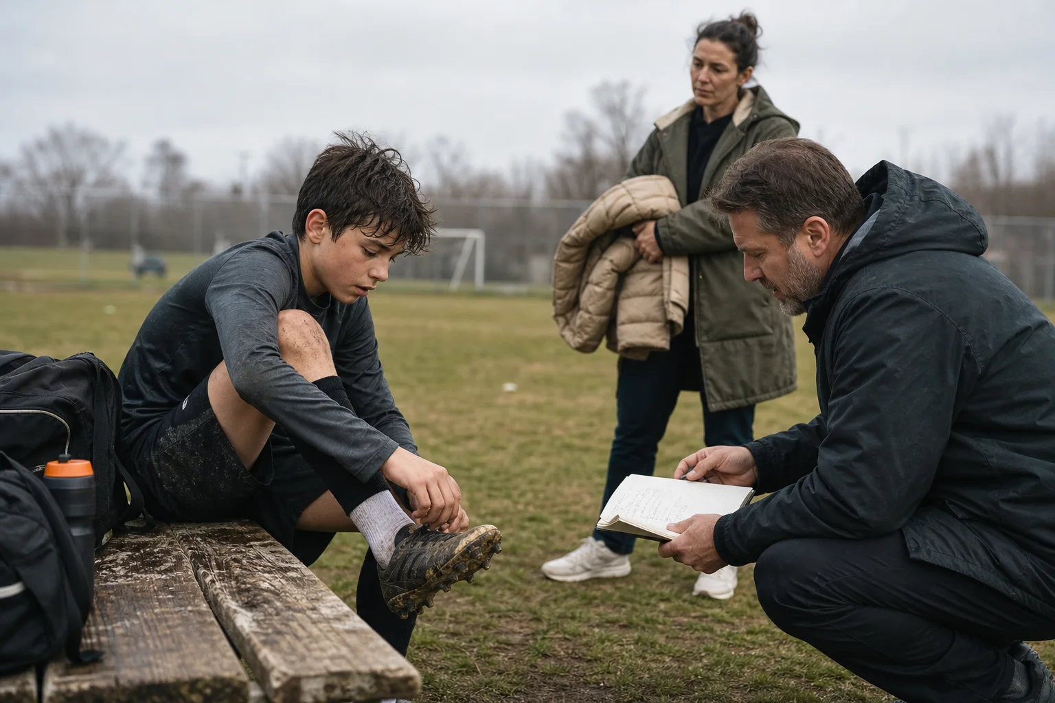 A parent waiting beside a young soccer player tying his cleats on the bench