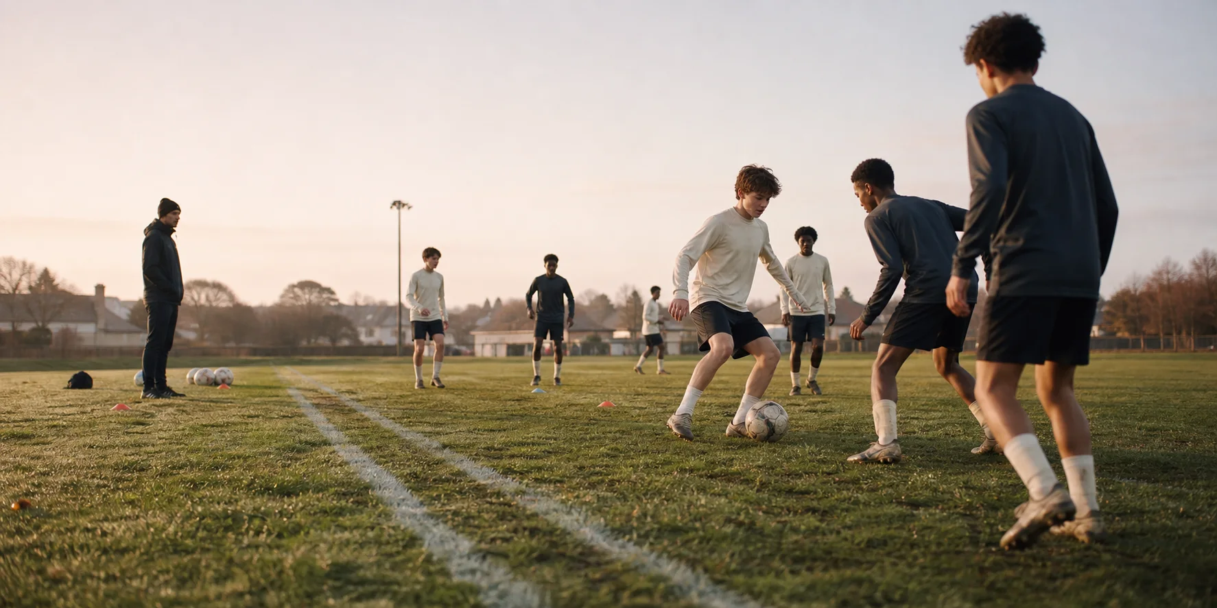 Youth soccer players and a coach on the field at a late-afternoon training session